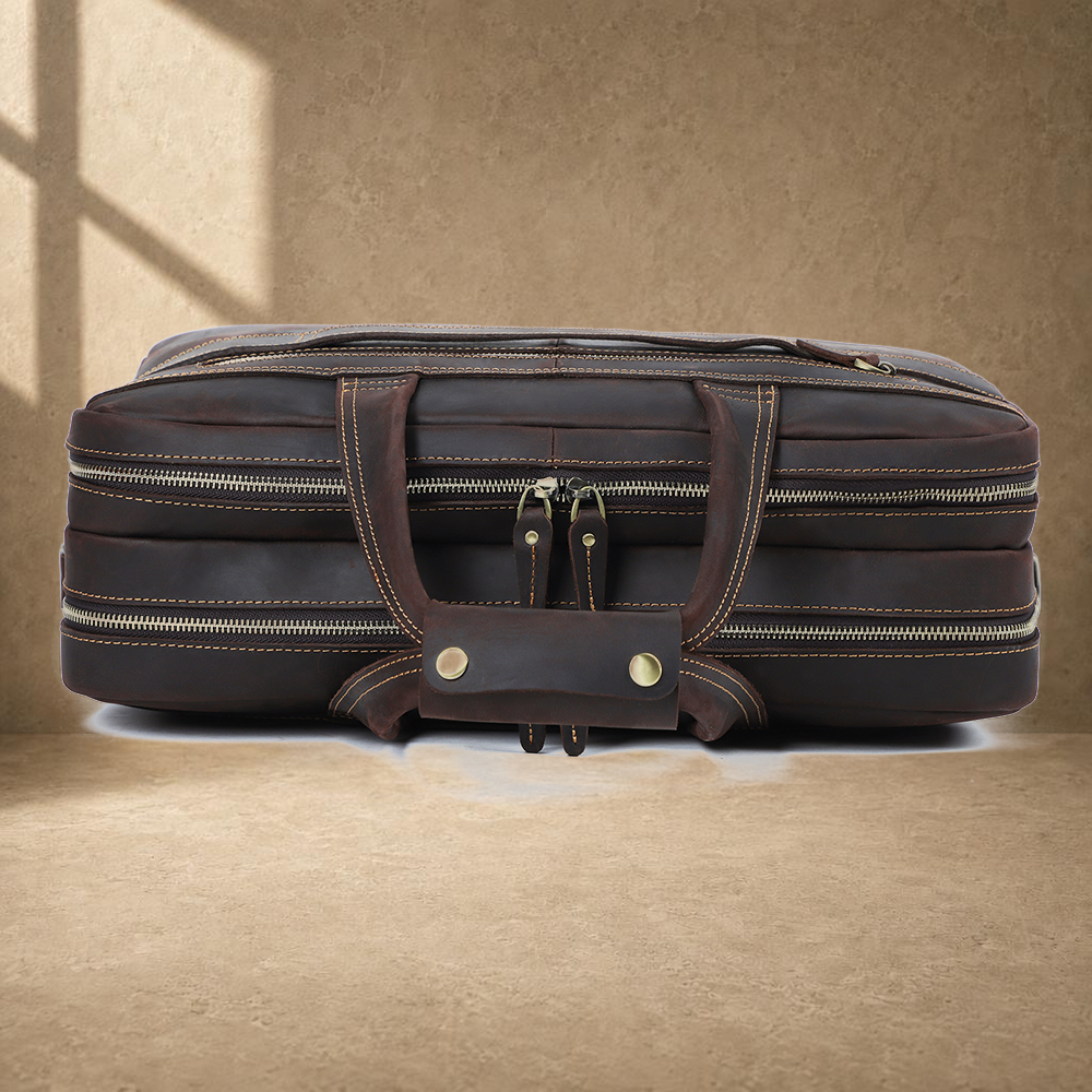 Coffee leather dual-zip business bag top zipper profile