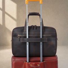 Coffee leather dual-zip business bag on rolling luggage