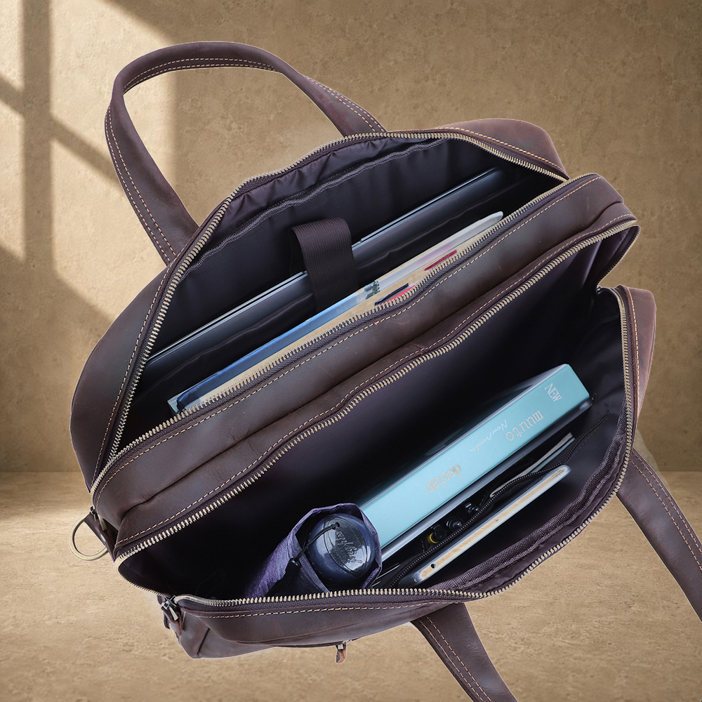Coffee leather dual-zip business bag packed organization view