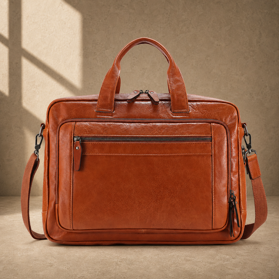 Light brown cowhide laptop briefcase front hero view