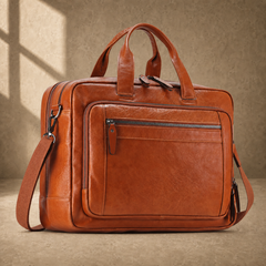 Light brown cowhide laptop briefcase three-quarter front view