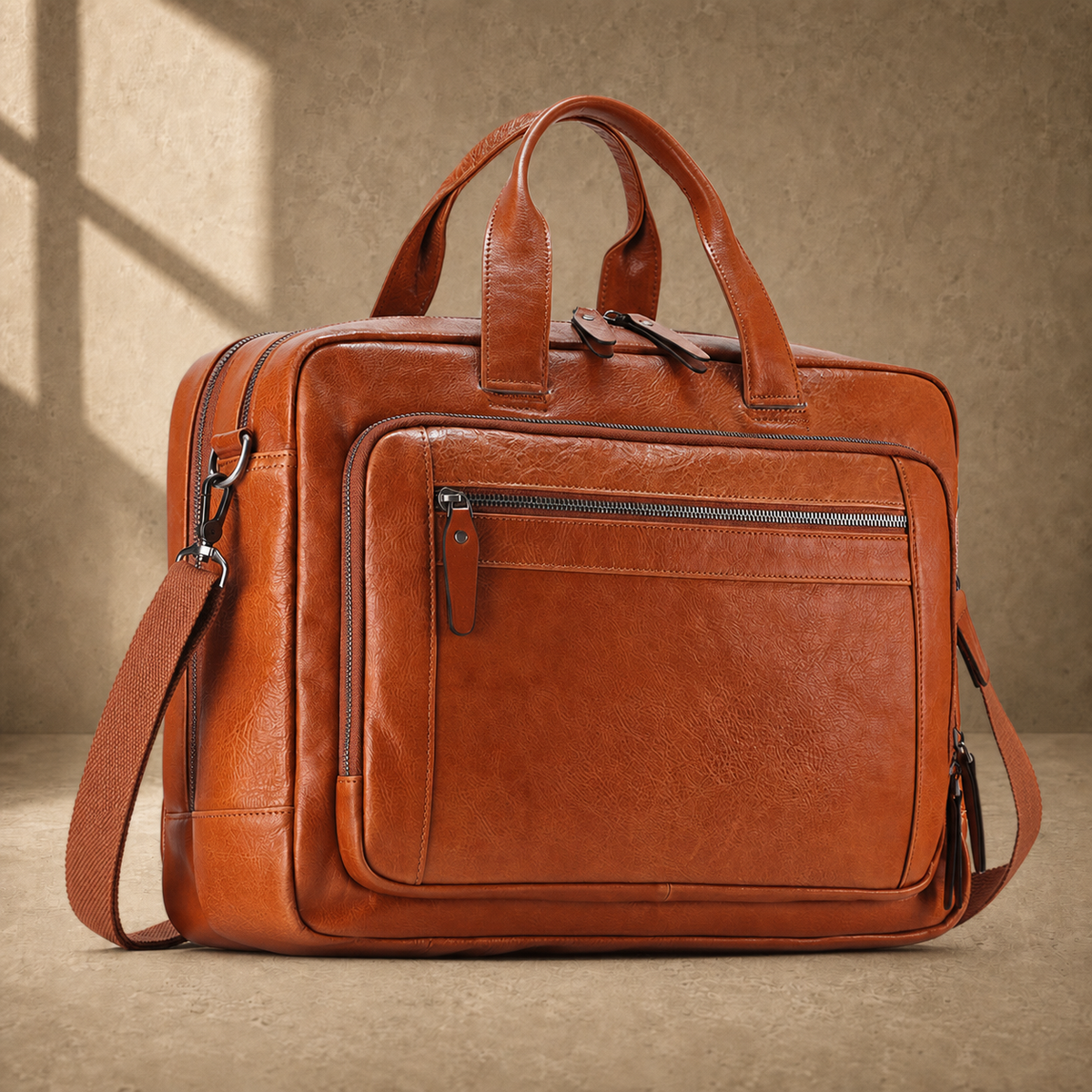 Light brown cowhide laptop briefcase three-quarter front view