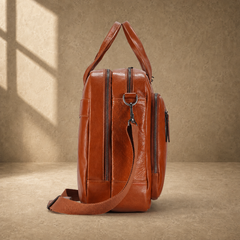 Light brown cowhide laptop briefcase side profile