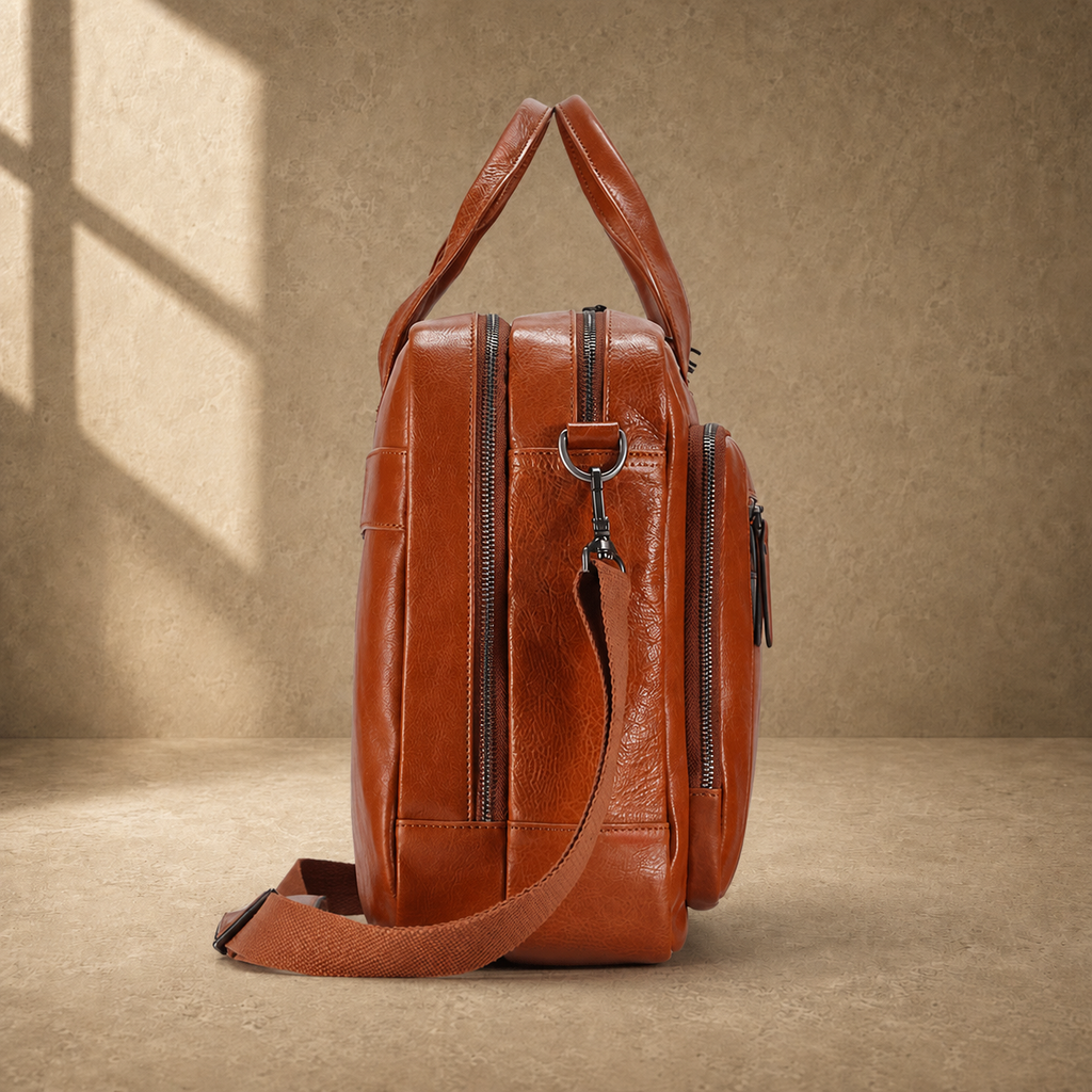 Light brown cowhide laptop briefcase side profile