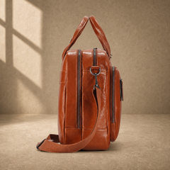 Light brown cowhide laptop briefcase alternate side view