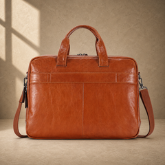 Light brown cowhide laptop briefcase rear view
