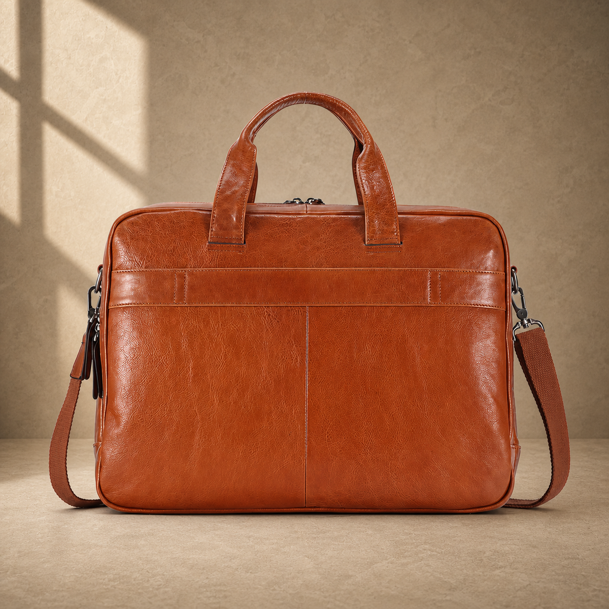 Light brown cowhide laptop briefcase rear view