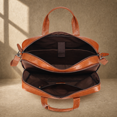 Light brown cowhide laptop briefcase empty interior organization