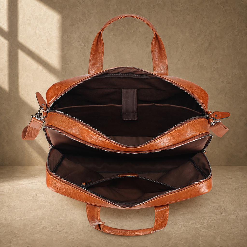 Light brown cowhide laptop briefcase empty interior organization