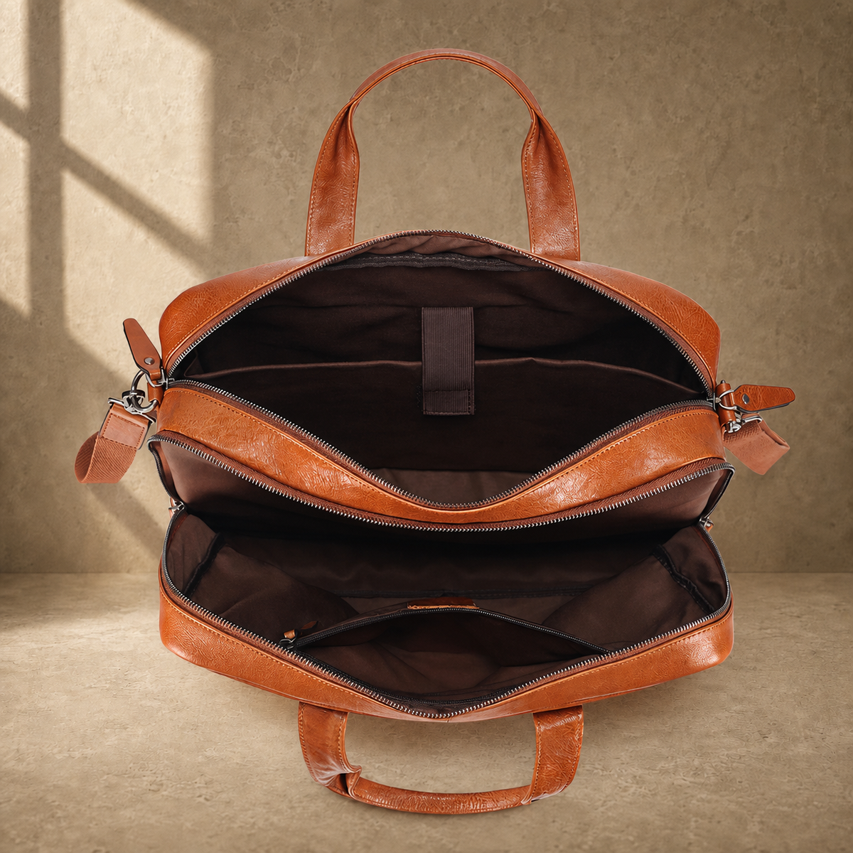 Light brown cowhide laptop briefcase empty interior organization