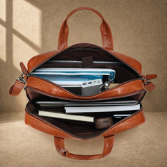 Light brown cowhide laptop briefcase packed capacity view