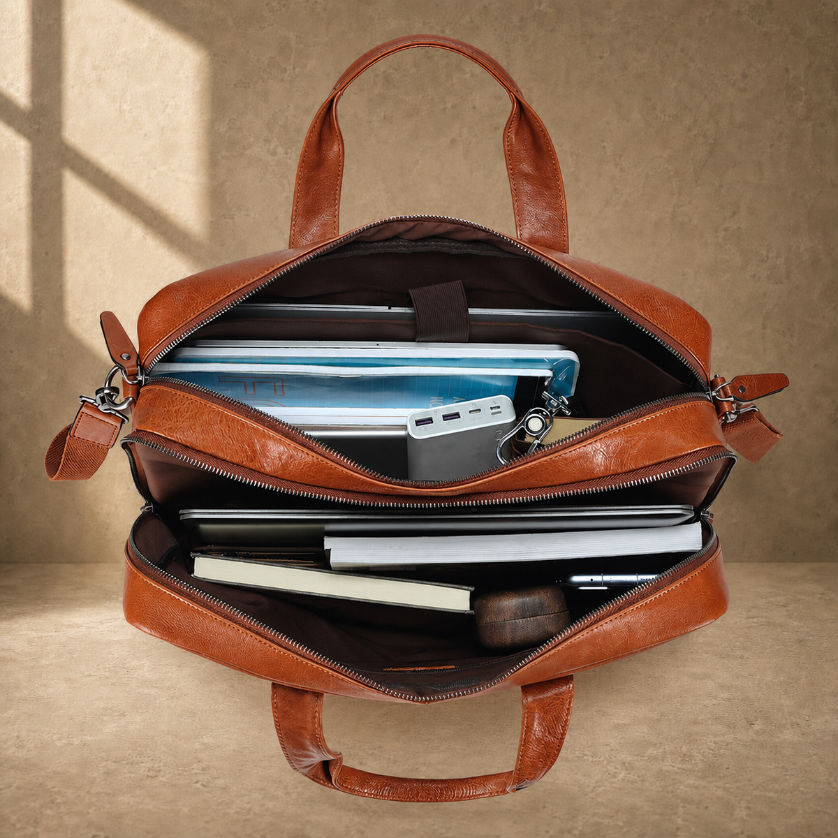Light brown cowhide laptop briefcase packed capacity view