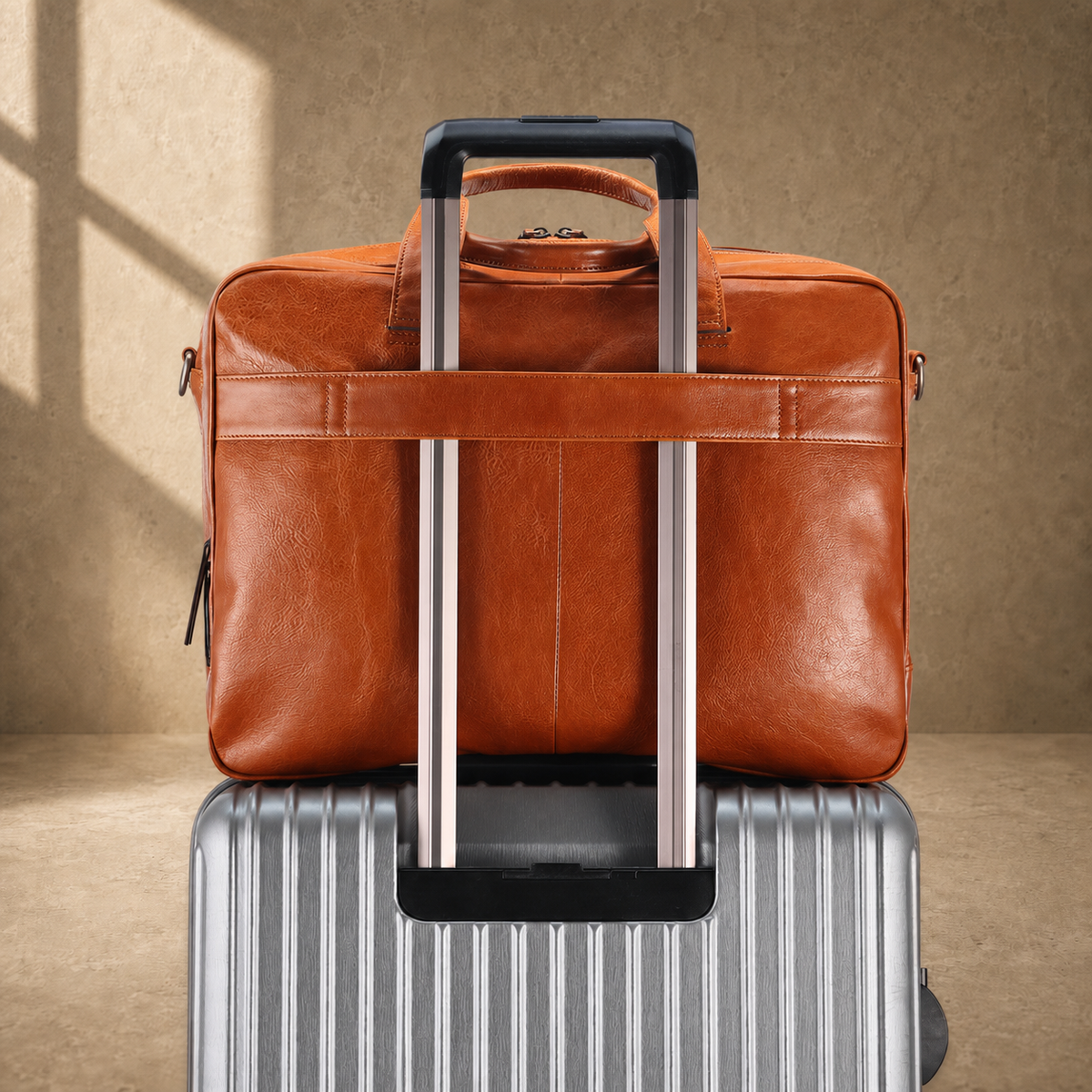 Light brown cowhide laptop briefcase rear luggage sleeve on suitcase