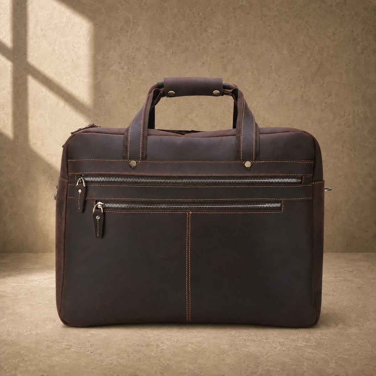 Dark brown cowhide 17-inch briefcase clean front view