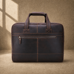 Dark brown cowhide 17-inch briefcase rear zipper pocket view