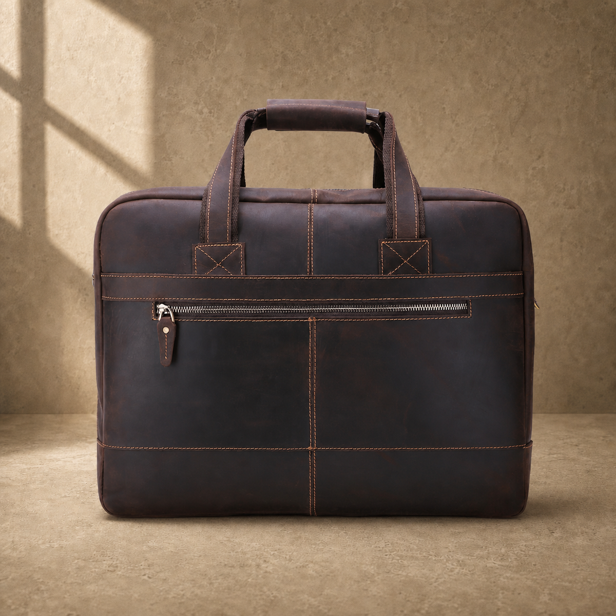 Dark brown cowhide 17-inch briefcase rear zipper pocket view