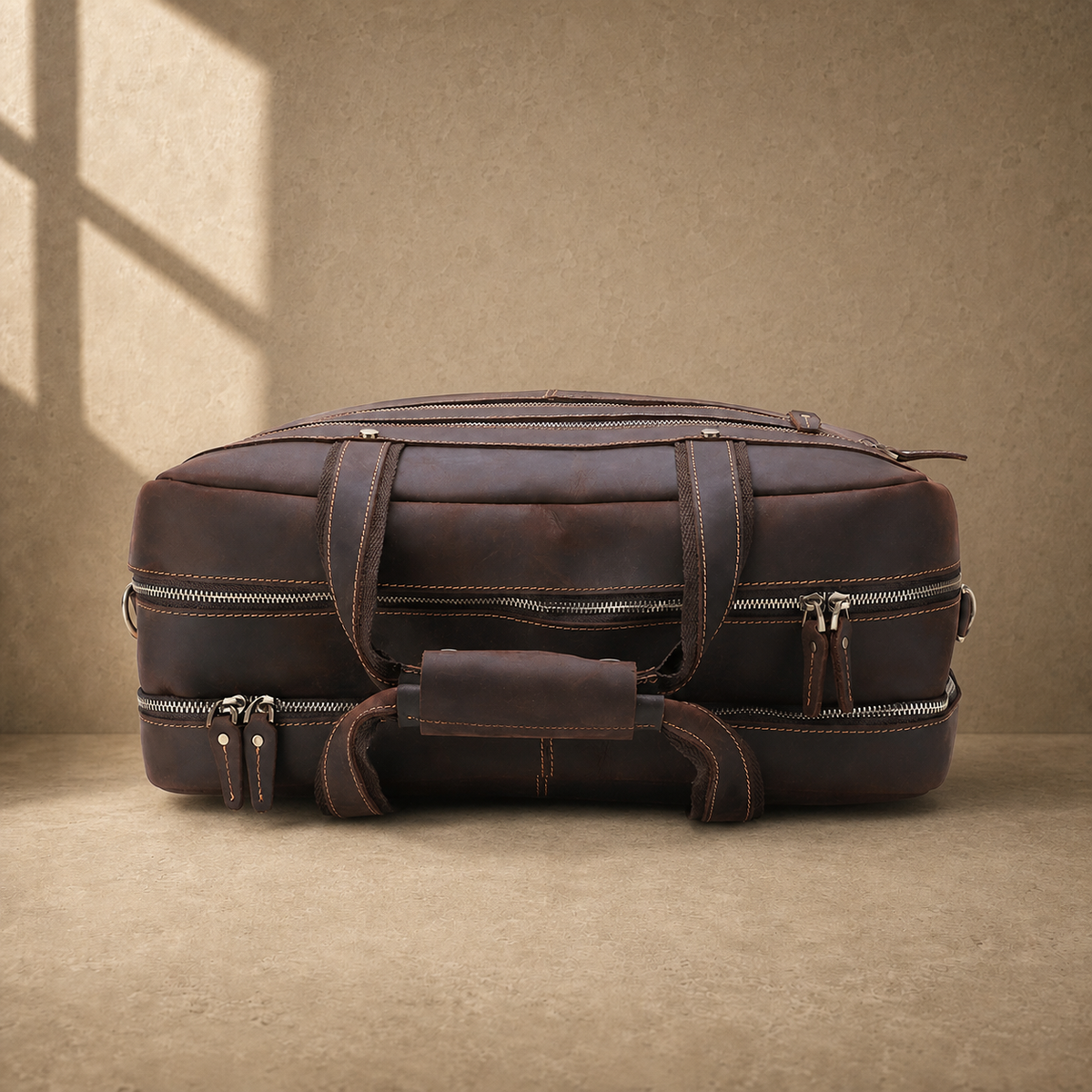 Dark brown cowhide 17-inch briefcase top zipper layout