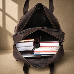 Dark brown cowhide 17-inch briefcase packed capacity view