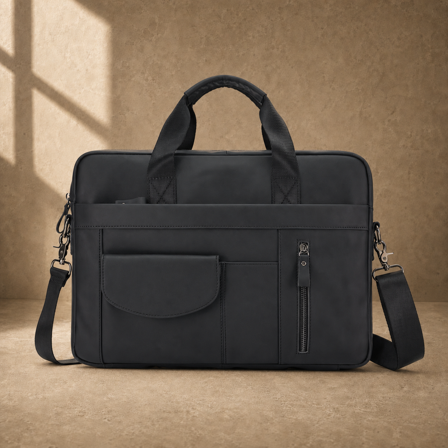 Black smooth leather laptop office briefcase, straight front view