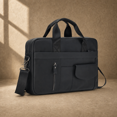 Black smooth leather laptop office briefcase, three-quarter front view