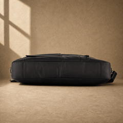 Black smooth leather laptop office briefcase, rear zipper view