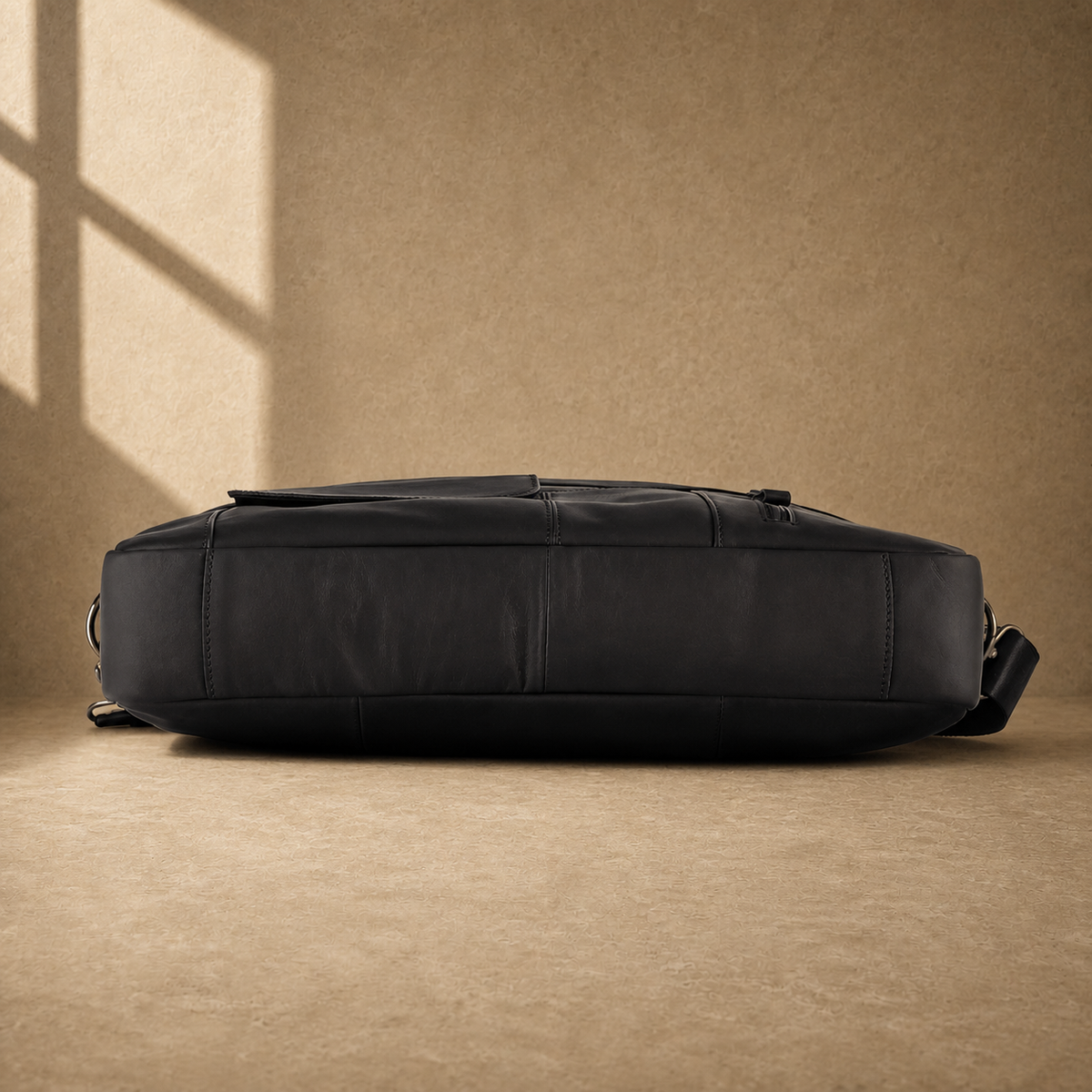 Black smooth leather laptop office briefcase, rear zipper view