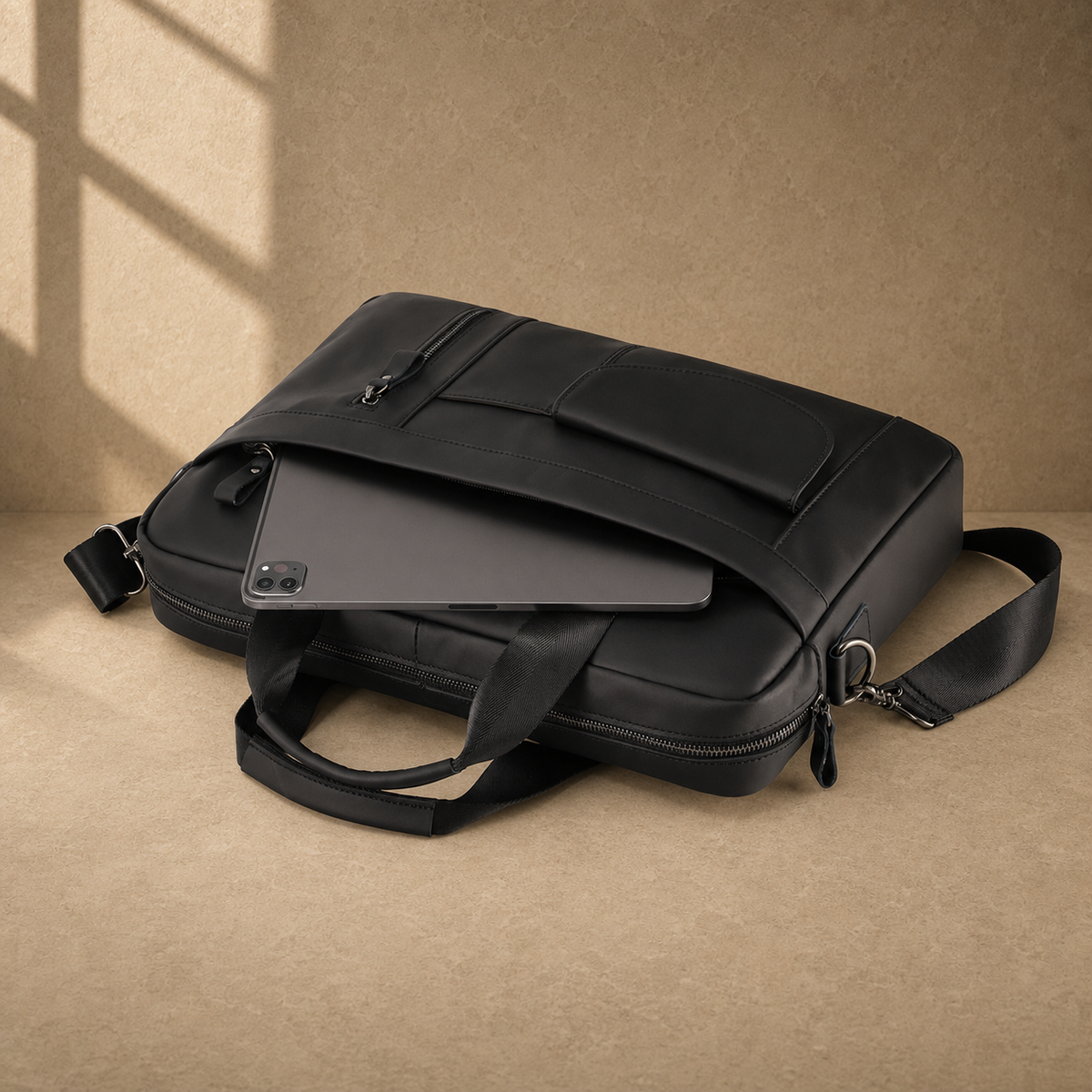 Black smooth leather laptop office briefcase, reinforced base view