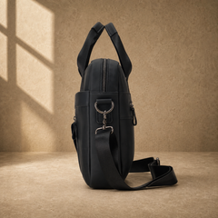 Black smooth leather laptop office briefcase with open laptop sleeve