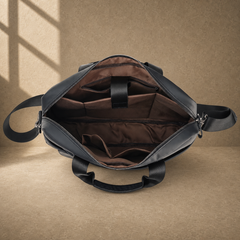 Black smooth leather laptop office briefcase, empty organizer interior