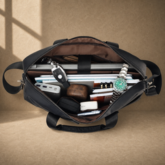 Black smooth leather laptop office briefcase, packed capacity view