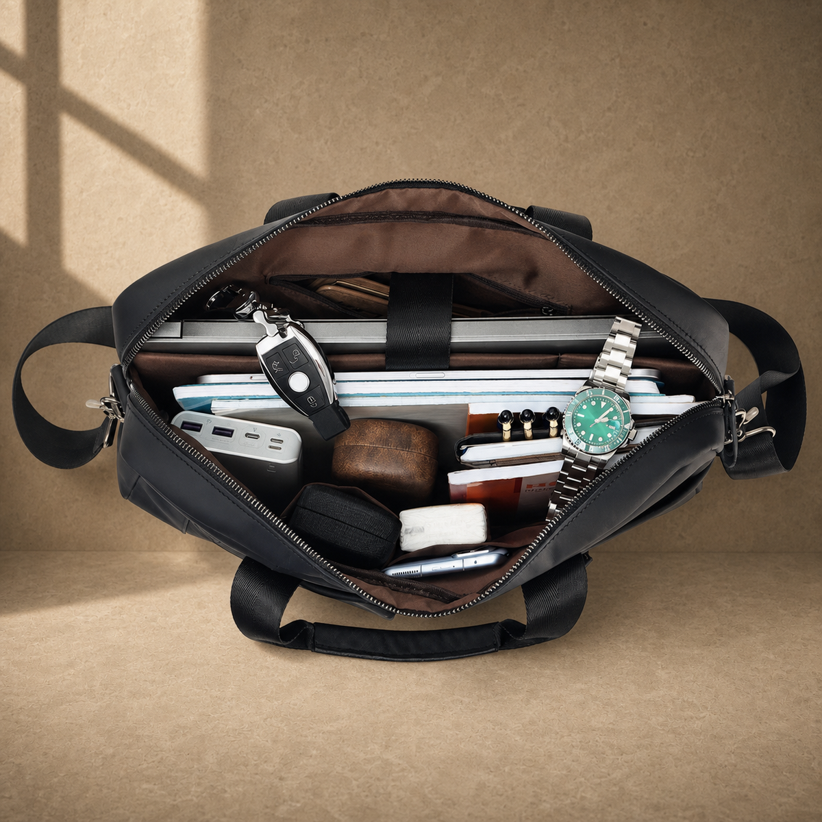 Black smooth leather laptop office briefcase, packed capacity view