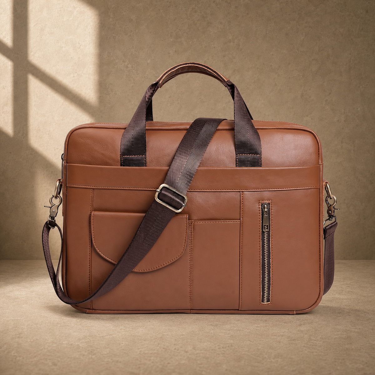 Brown cowhide commuter briefcase bag, front view with shoulder strap