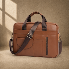 Brown cowhide commuter briefcase bag, front three-quarter view