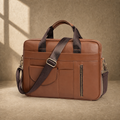 Brown cowhide commuter briefcase bag, front three-quarter view