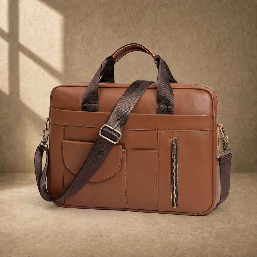 Brown cowhide commuter briefcase bag, front three-quarter view