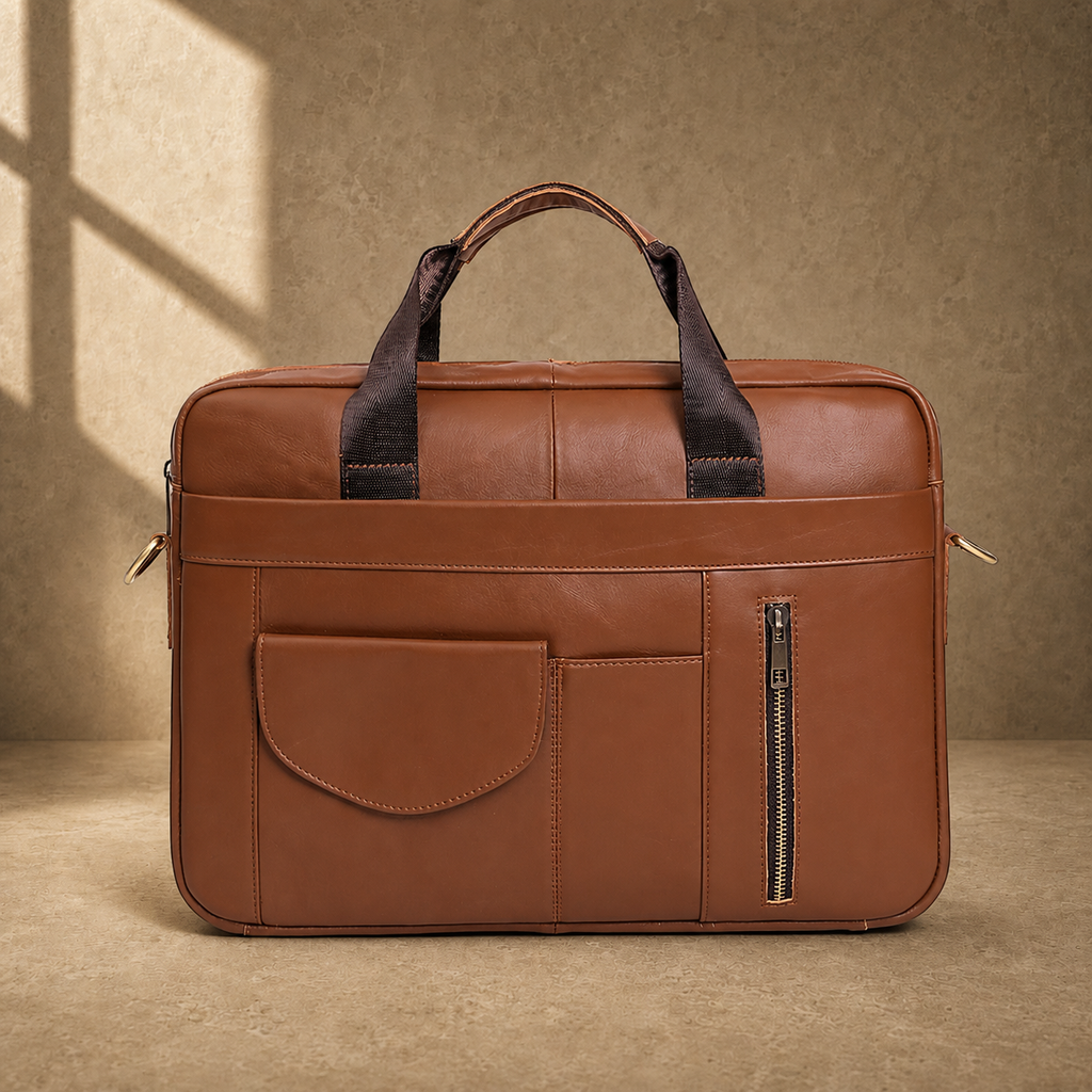 Brown cowhide commuter briefcase bag, clean front view