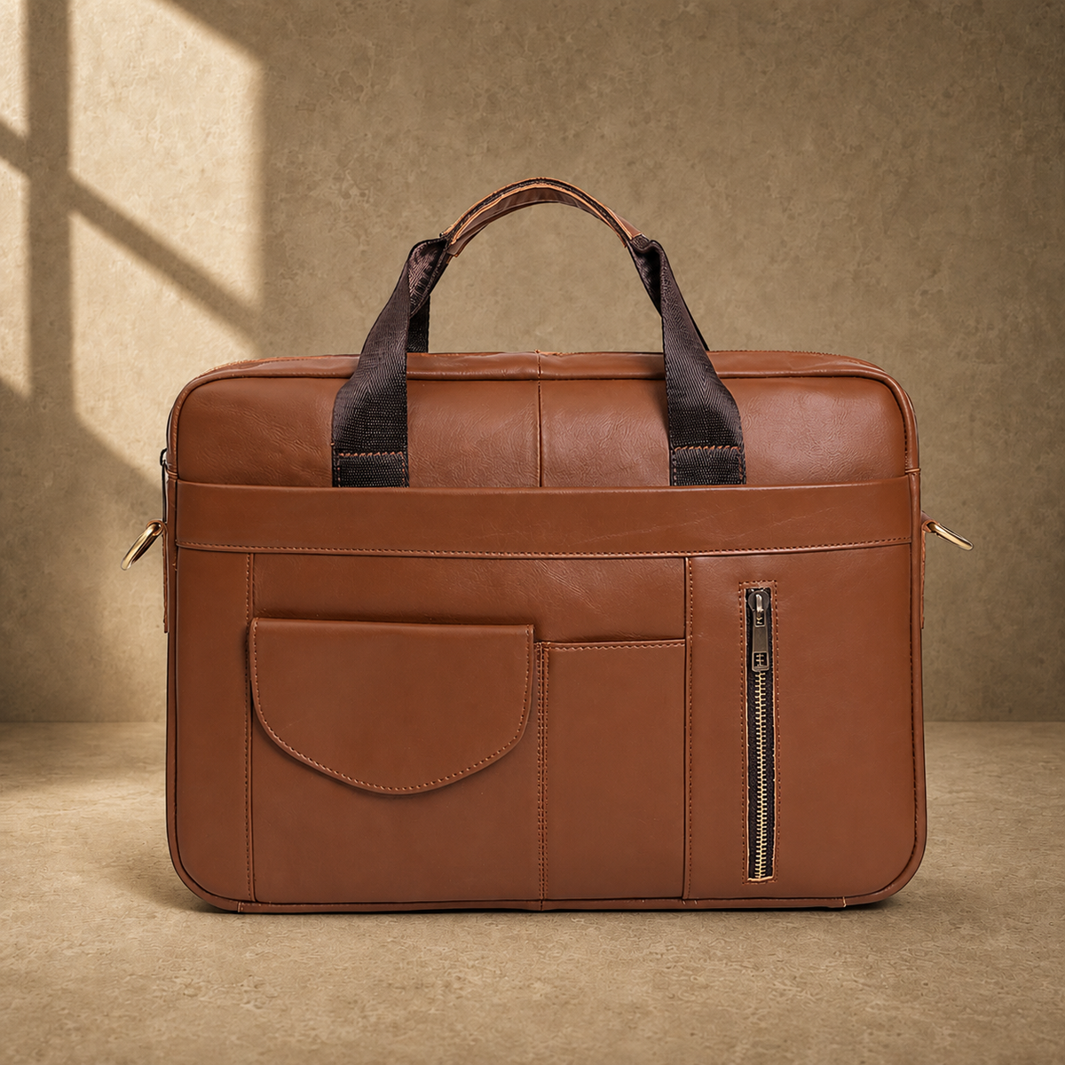 Brown cowhide commuter briefcase bag, clean front view