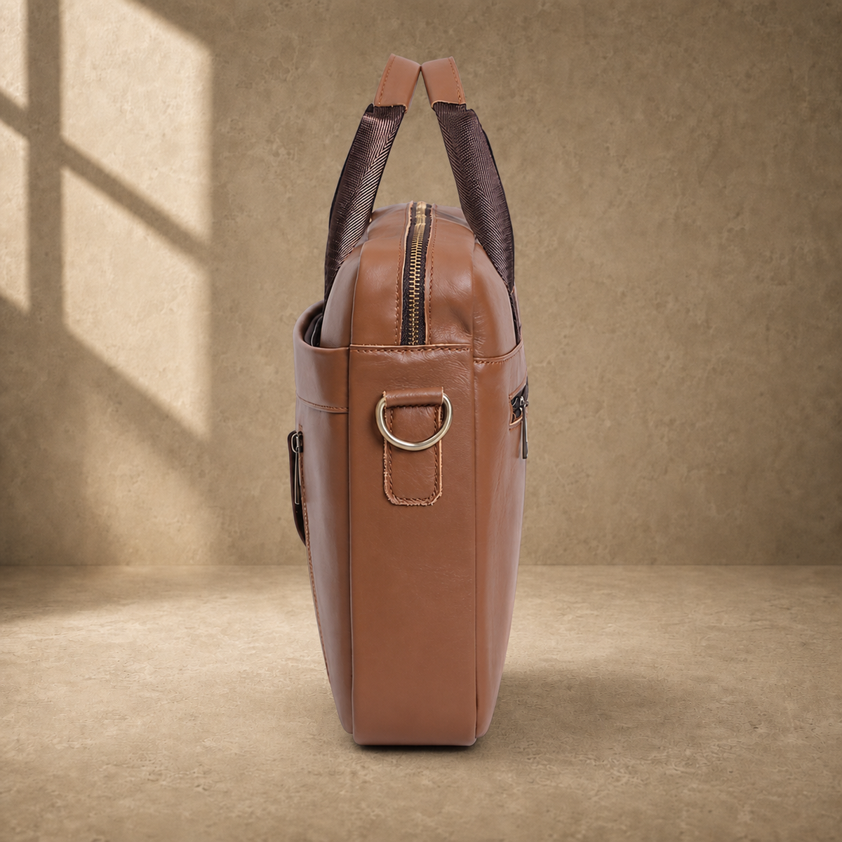 Brown cowhide commuter briefcase bag, slim side profile