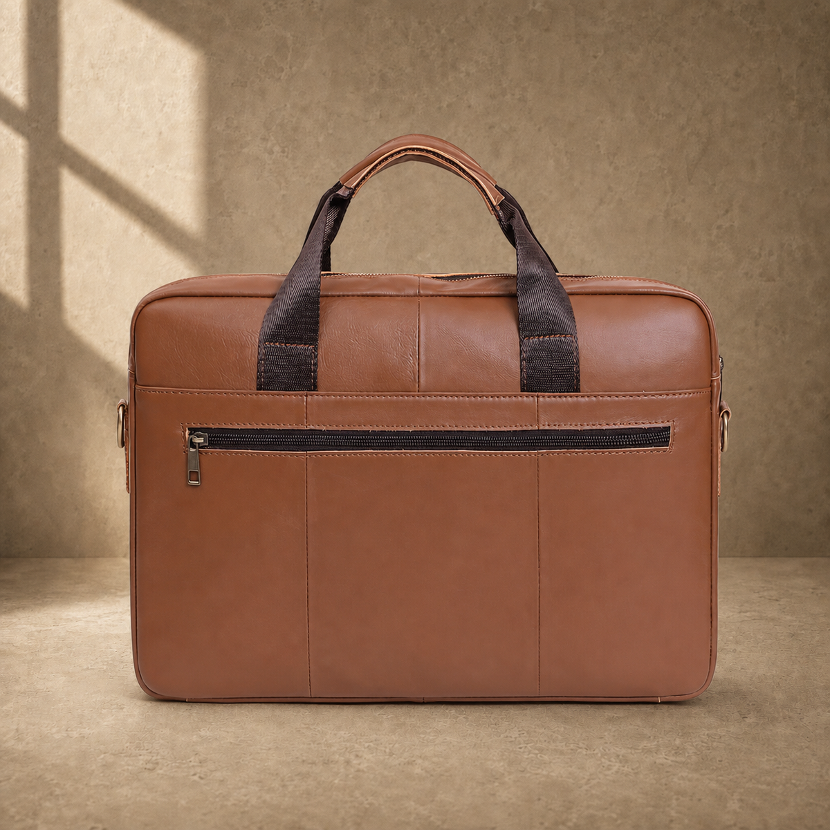 Brown cowhide commuter briefcase bag, rear zipper pocket view