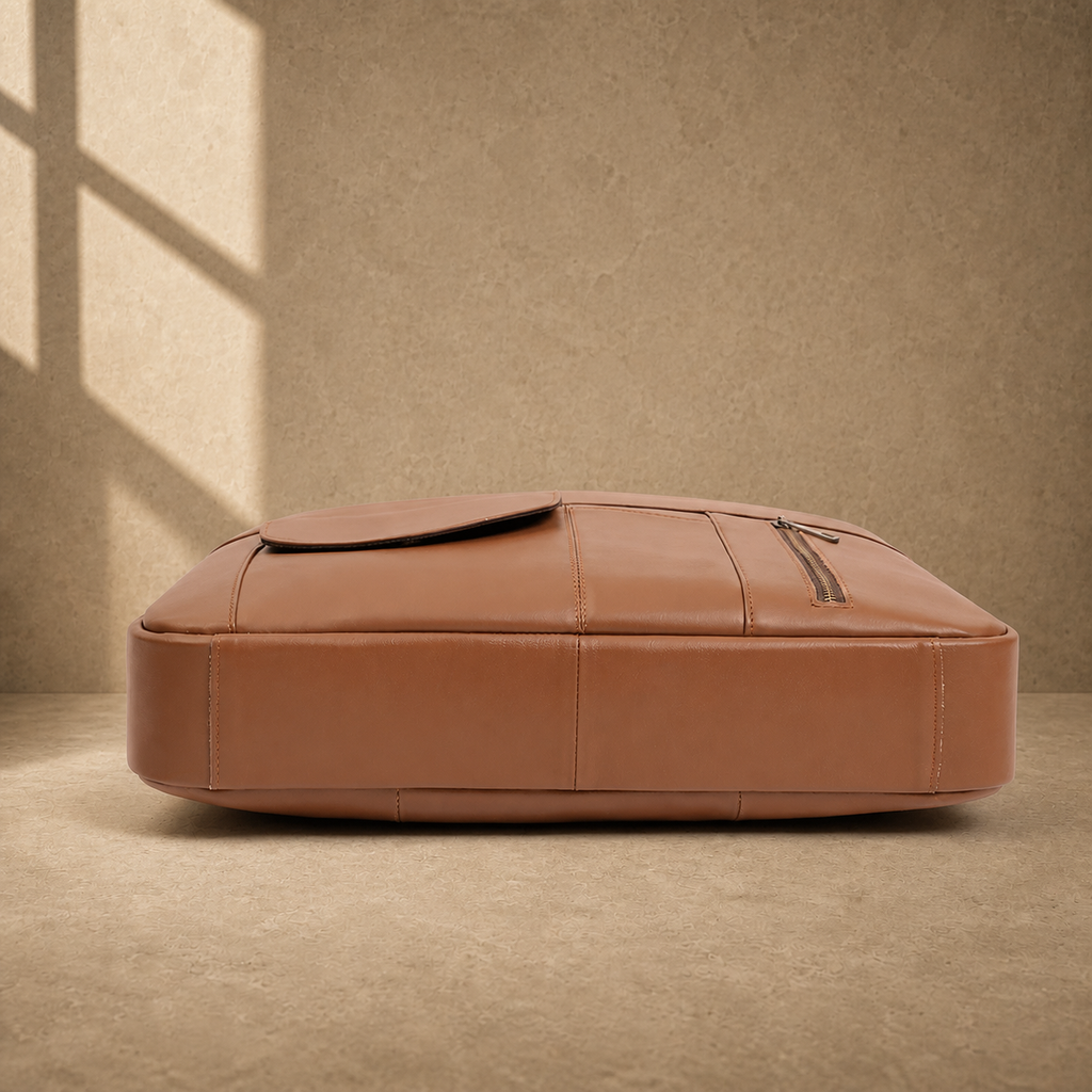 Brown cowhide commuter briefcase bag, reinforced base view