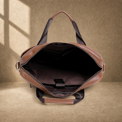 Brown cowhide commuter briefcase bag, empty organized interior