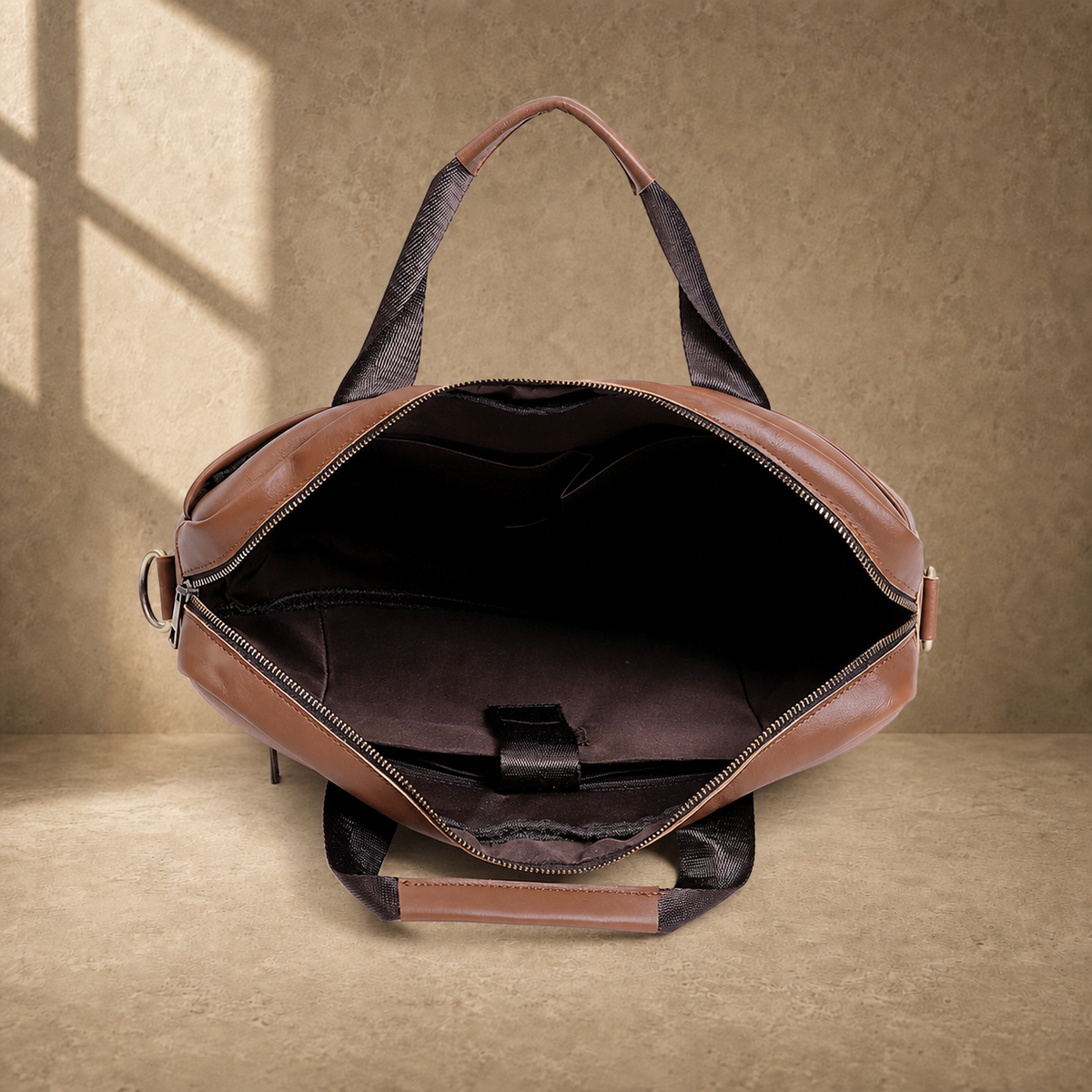 Brown cowhide commuter briefcase bag, empty organized interior