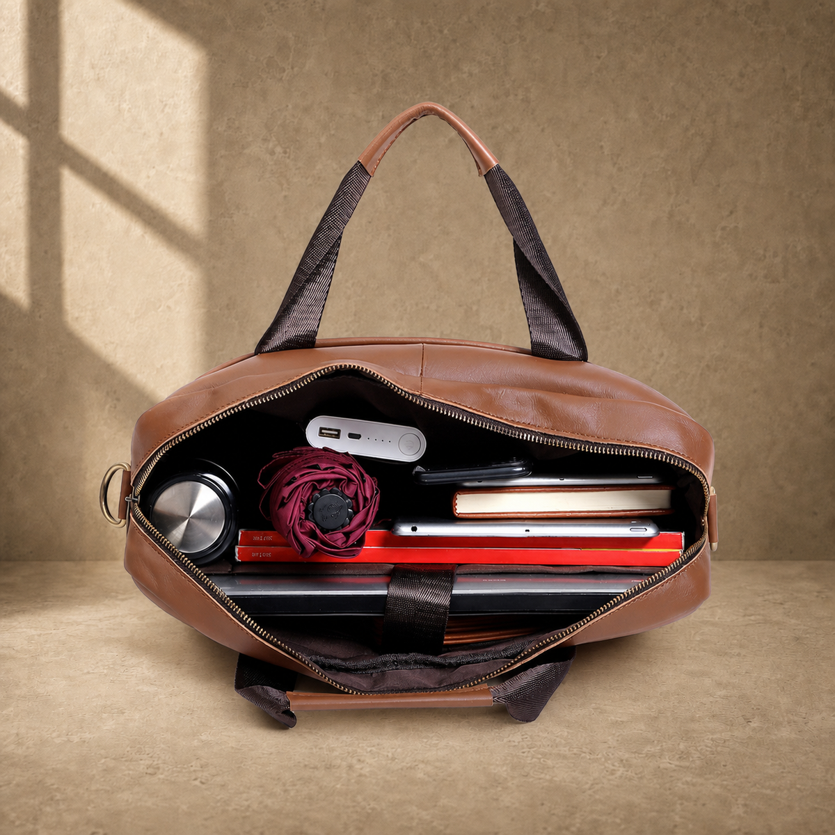 Brown cowhide commuter briefcase bag, packed laptop capacity view