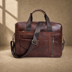Coffee brown cowhide laptop briefcase front view with shoulder strap