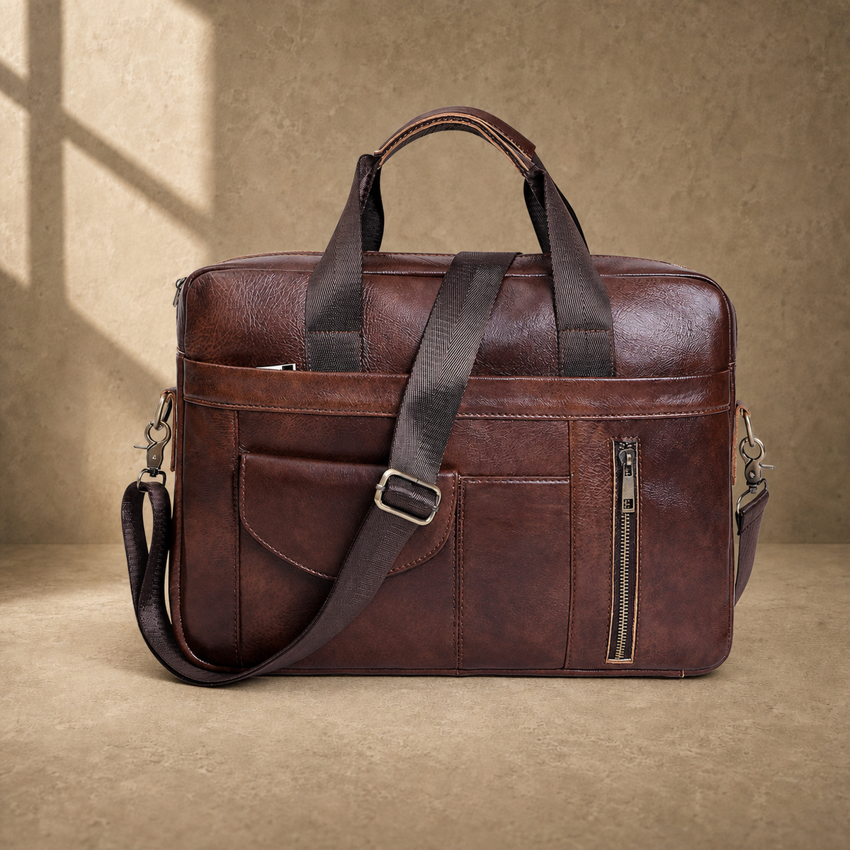 Coffee brown cowhide laptop briefcase front view with shoulder strap
