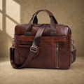 Coffee brown cowhide laptop briefcase three-quarter hero view