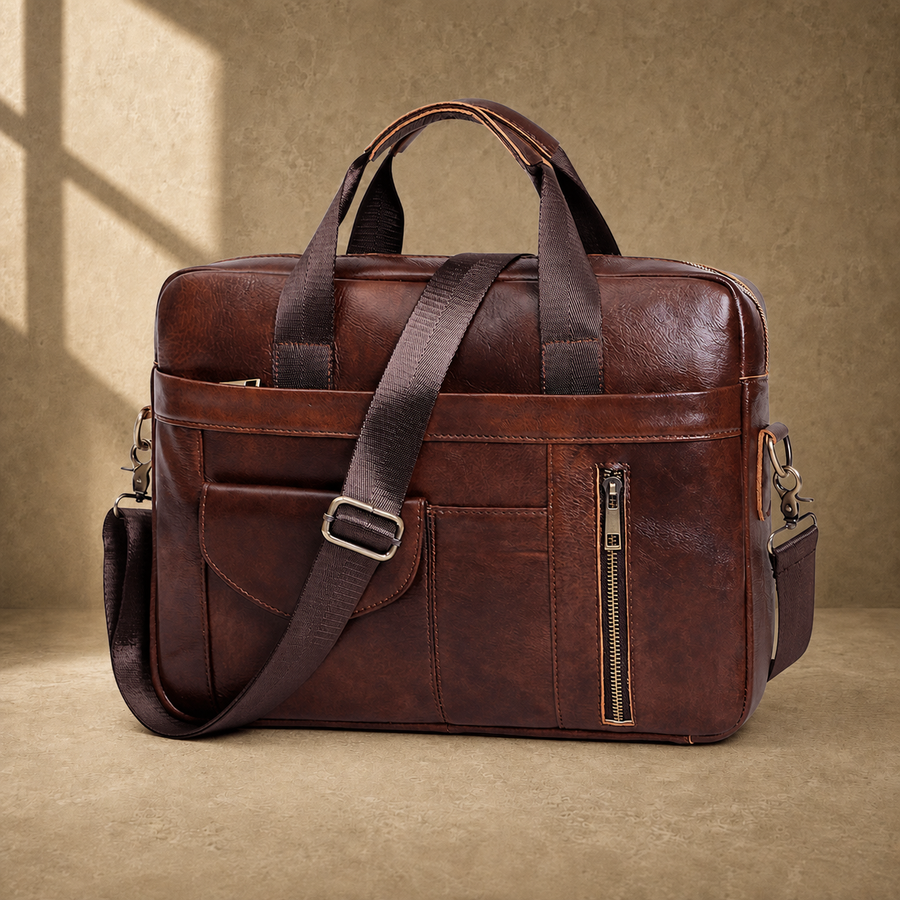Coffee brown cowhide laptop briefcase three-quarter hero view