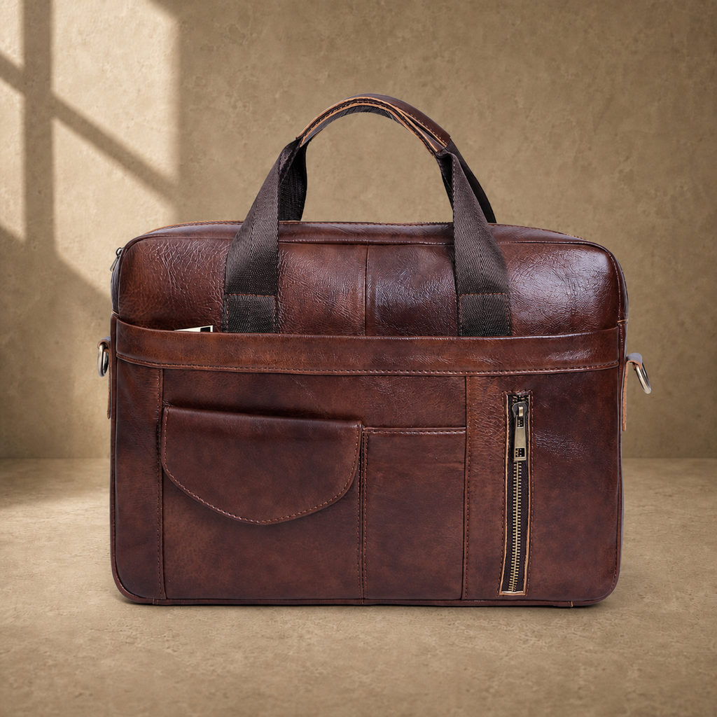 Coffee brown cowhide laptop briefcase front organizer view