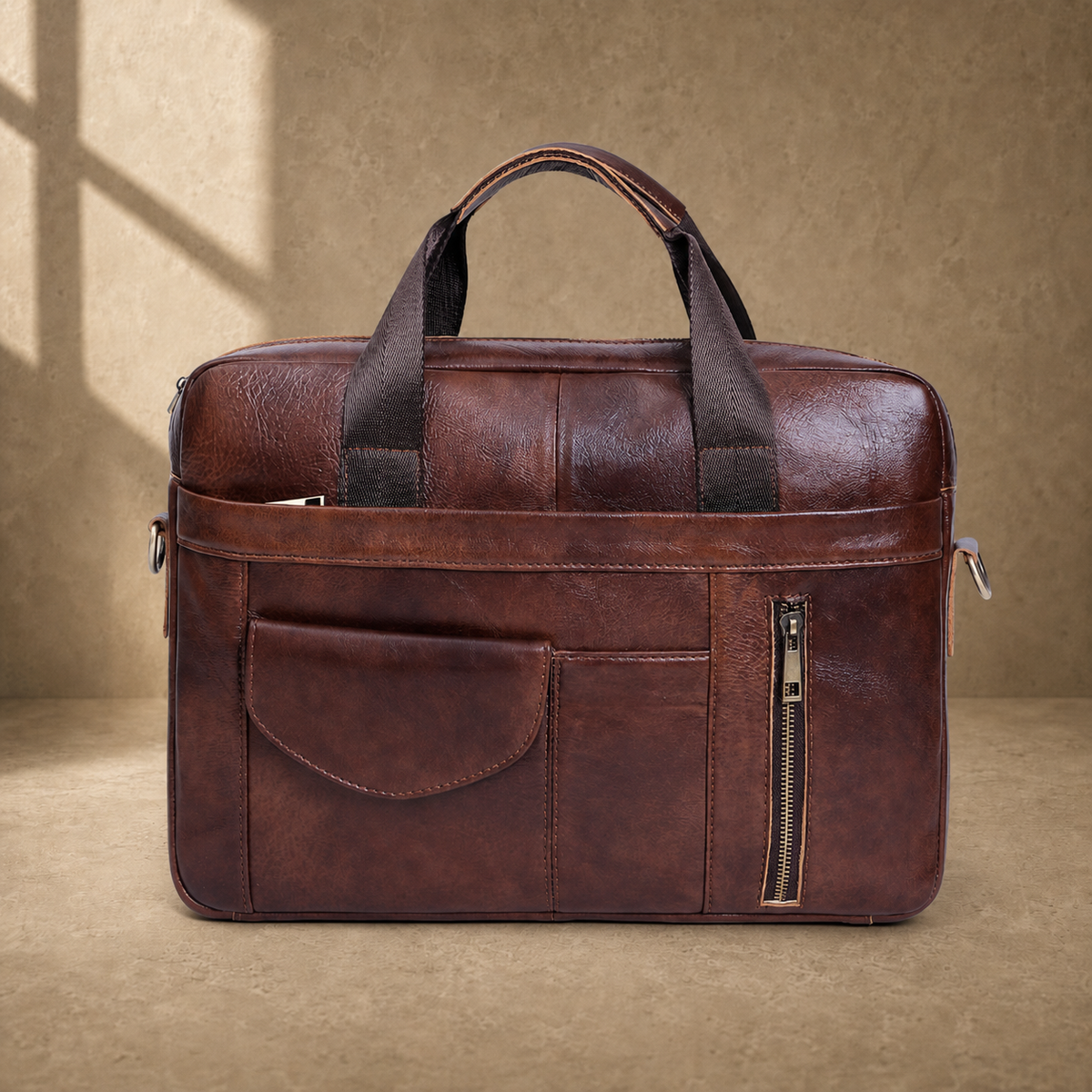 Coffee brown cowhide laptop briefcase front organizer view