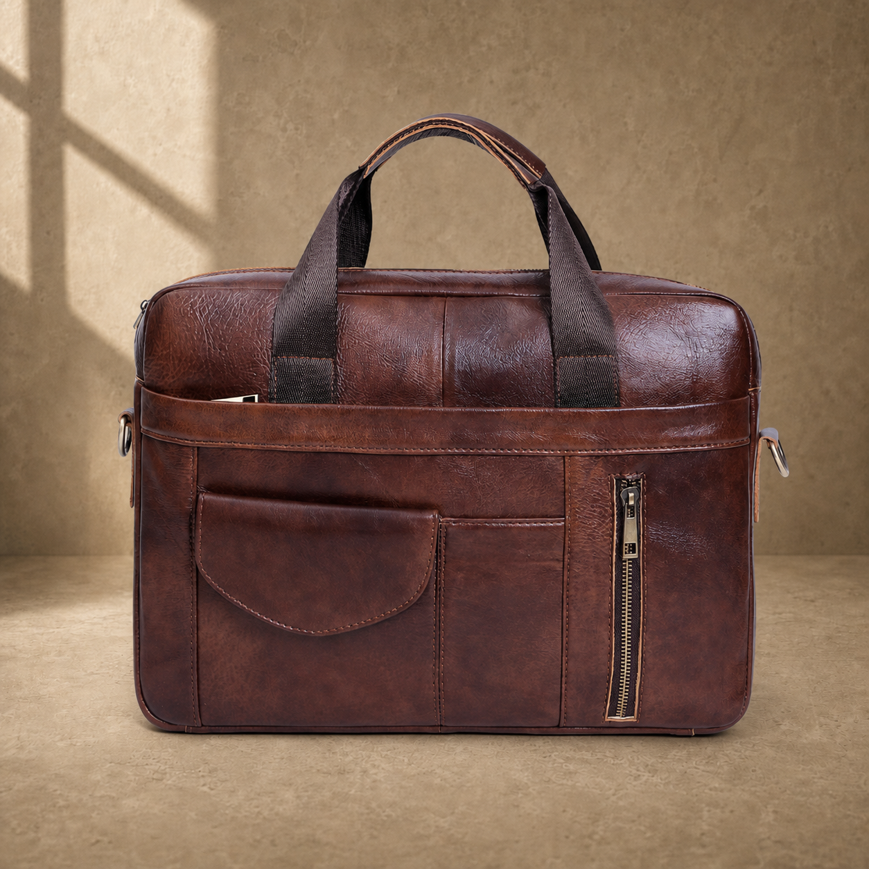 Coffee brown cowhide laptop briefcase front organizer view